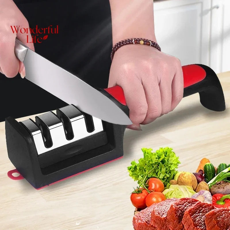 Afilador de Cuchillos de Cocina de 3 Segmentos, Multifuncional, Manual, 3/4 Usos, Piedra de Afilar Negra, Herramientas para Afilar Cuchillos