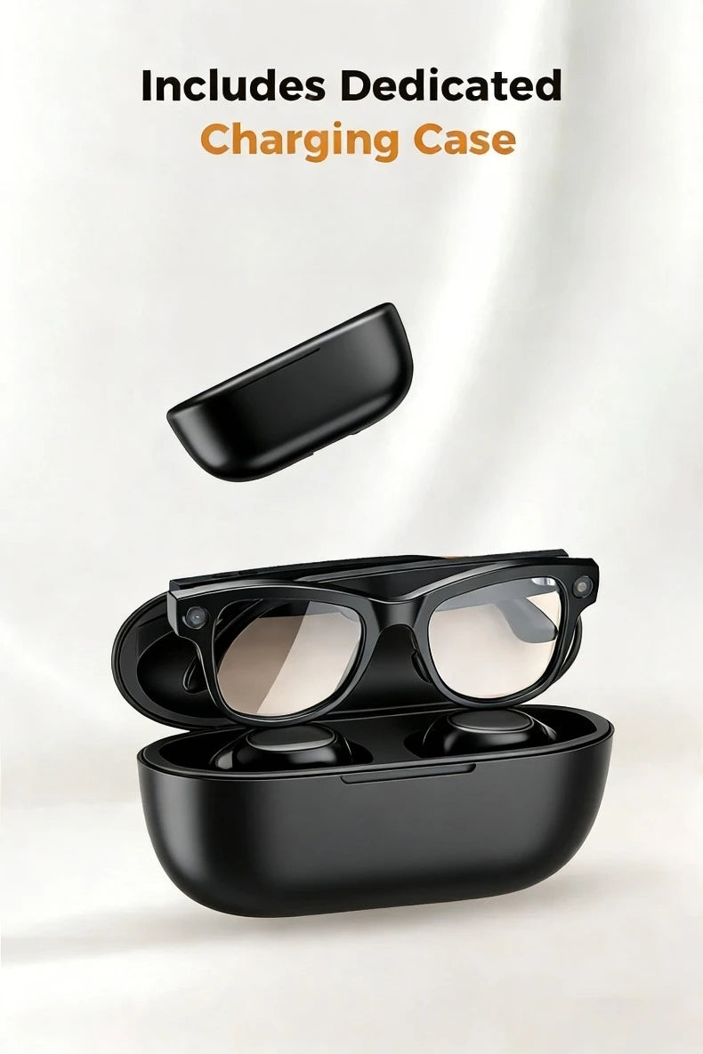 Lentes Inteligentes M02 con IA, Reproductor de Música con Llamadas Bluetooth, Cámara de 8MP, Traducción en Más de 100 Idiomas, Lentes de Sol con Caja de Carga