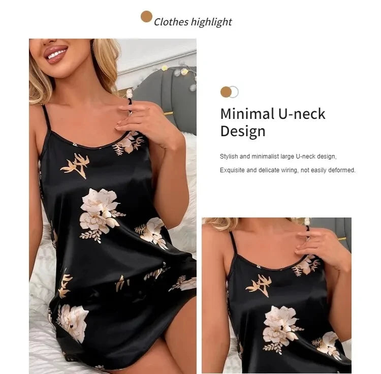 Camisón Sexy con estampado Floral para mujer, ropa de dormir de seda, color negro, para el hogar