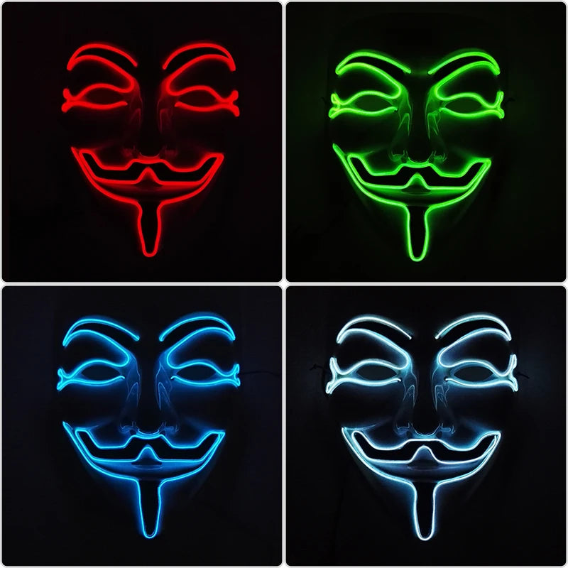 Máscara LED de Vendetta para Halloween, Discoteca, Carnaval, Fiesta, Decoración, Cosplay, Máscara Brillante de Guy Fawkes