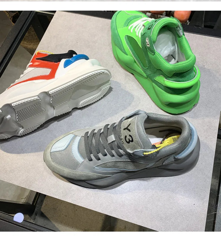Zapatillas deportivas de plataforma para hombre, Mesh Nightclub Shoes, Retro Dad Sneakers de cuero genuino de alta calidad, Black Warrior
