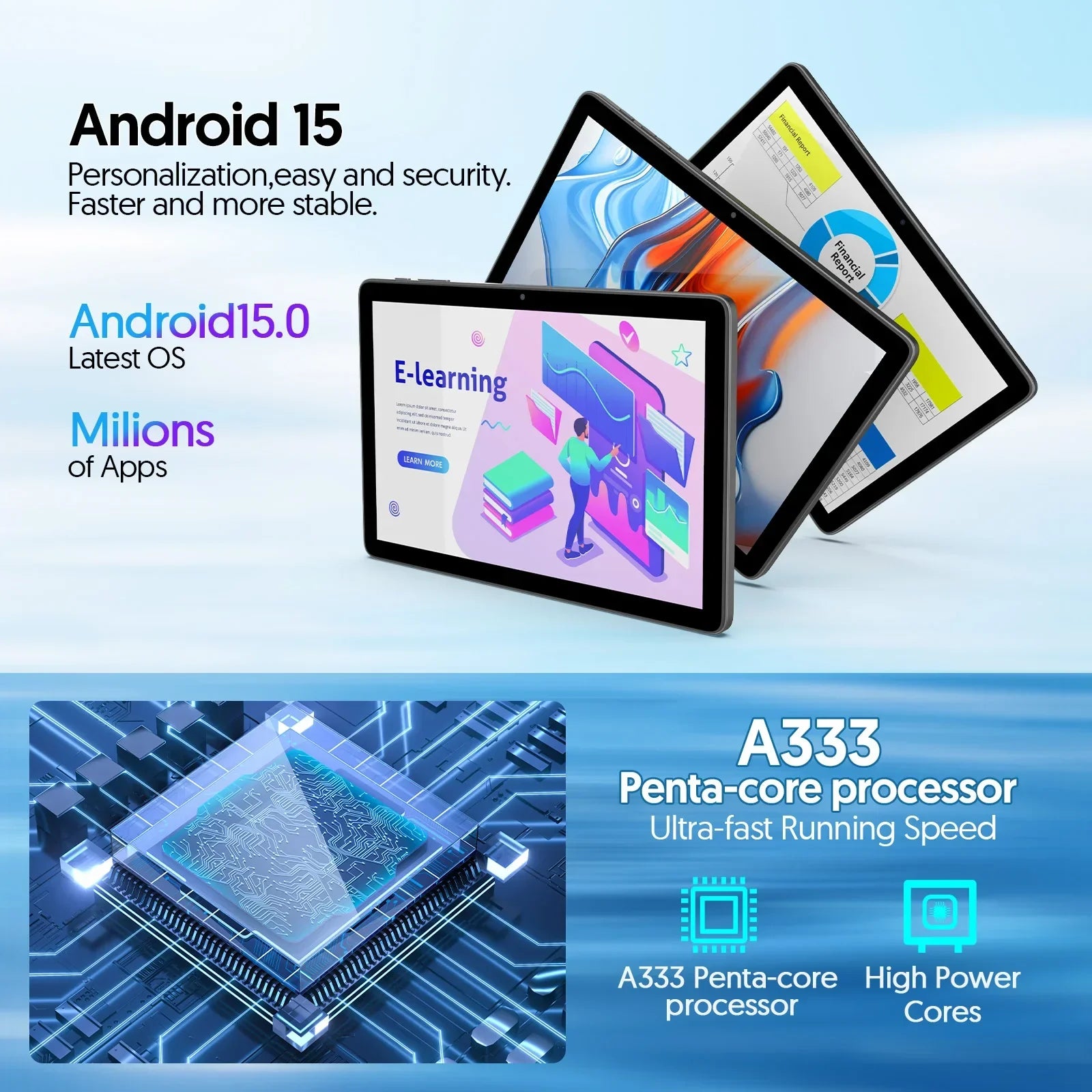 BAKEN tableta Android 15 de 10 pulgadas, procesador penta-core A333, 24GB (6GB + 18GB de expansión) RAM + 128GB ROM, 5G WiFi, 8000mAh