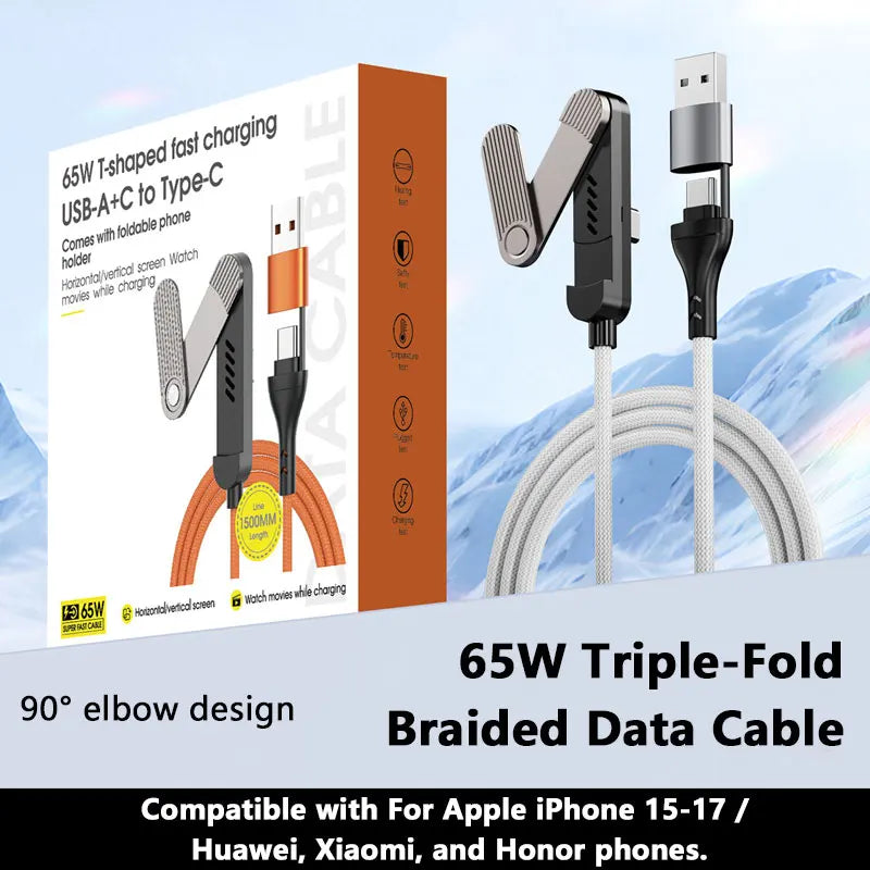 Cable de Carga Retráctil 3 en 1 de 65W con Soporte Plegable