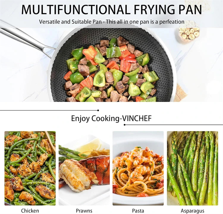 Sartén Wok de acero inoxidable 316, sartén Wok antiadherente de panal, sartén grande para freír con mango, Compatible con inducción JT560