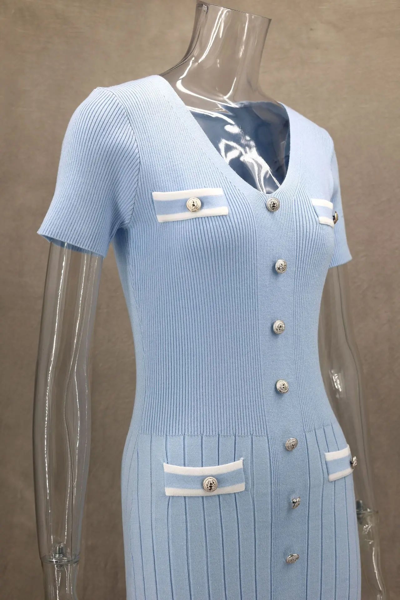 Vestido largo de punto con cuello en V para mujer, suéter elegante de un solo pecho, ropa de calle ceñida al cuerpo, moda de verano, 2024
