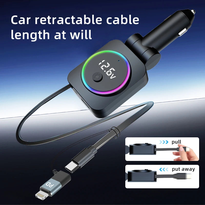 Cargador de Auto Retráctil 60W con Cable Tipo C PD30W y QC3.0 USB