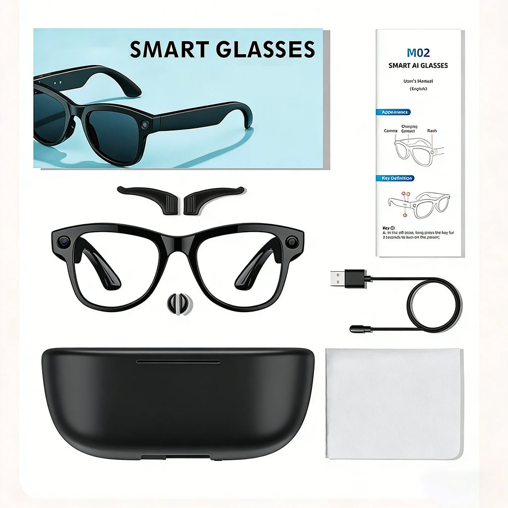 Lentes Inteligentes M02 con IA, Reproductor de Música con Llamadas Bluetooth, Cámara de 8MP, Traducción en Más de 100 Idiomas, Lentes de Sol con Caja de Carga