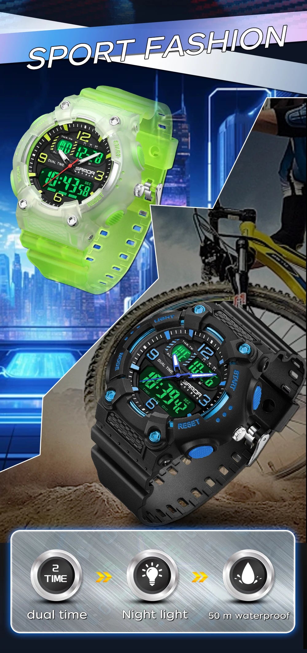 Reloj Digital Deportivo SANDA Pantalla Dual Resistente al Agua 5 Bar