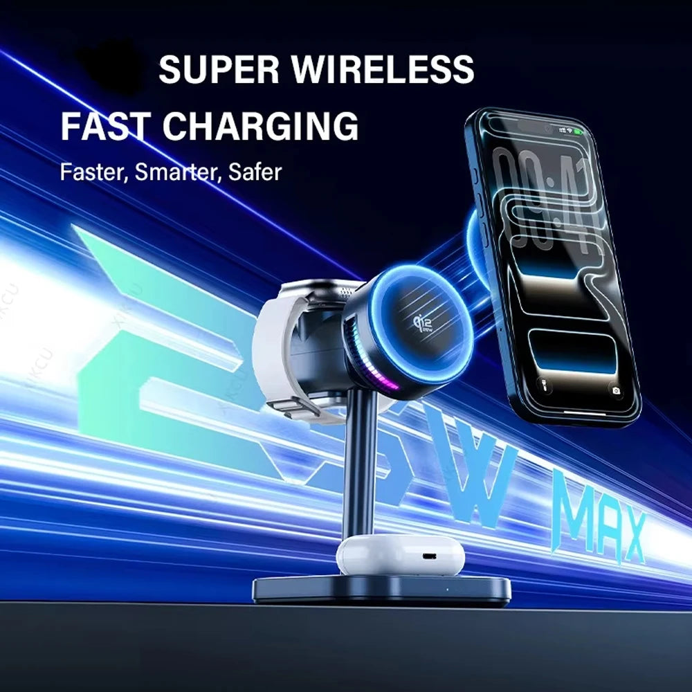 Cargador Inalámbrico Magnético Qi2 de 25W con Luz LED y Refrigeración por Aire para iPhone 17 16 15 14 13 12, Apple Watch y Airpods Pro, Carga Rápida