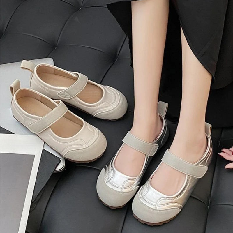 Zapatos Planos Retro Mary Jane para Mujer, Estilo Francés Chic, con Diseño Empalmado, Casuales, Minimalistas, con Velcro, Suela Suave, Punta Redonda, Calzado Cómodo de Verano