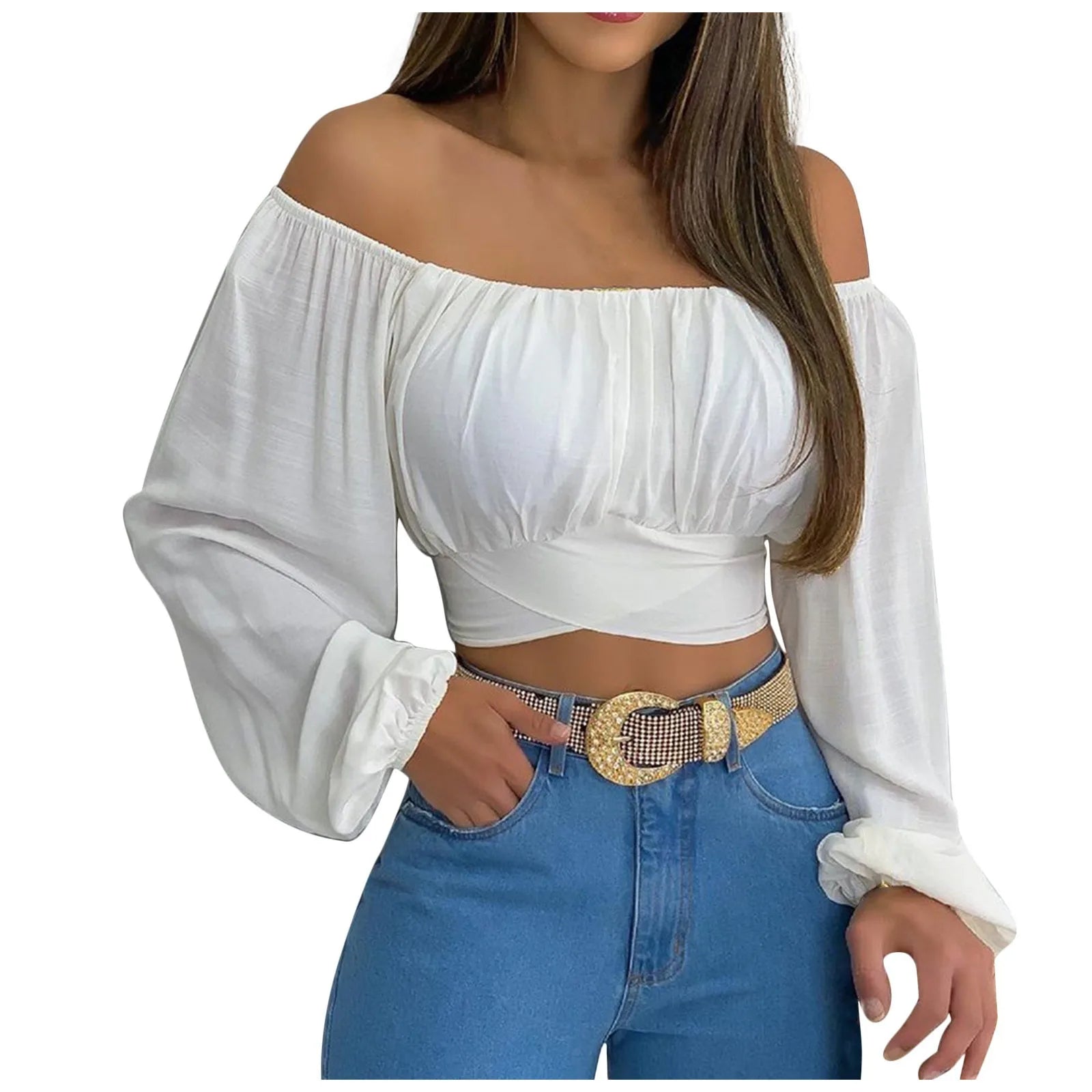 Blusa con Hombros Descubiertos y Lazo de Manga Larga