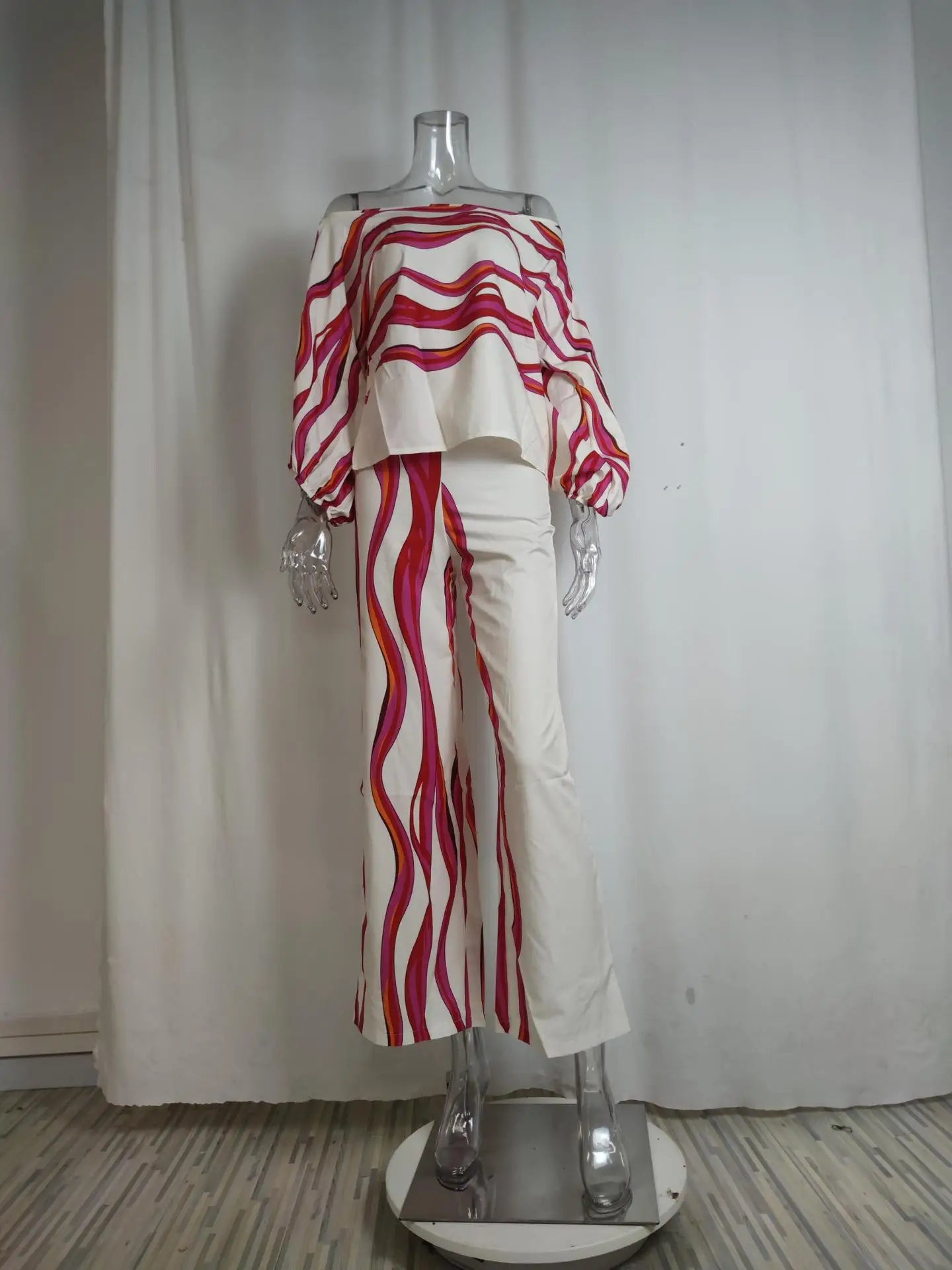 Conjunto de satén estampado para mujer, blusa de manga larga con hombros descubiertos y manga acampanada, conjuntos de 2 piezas para oficina, nuevos trajes informales con pantalones de pierna ancha