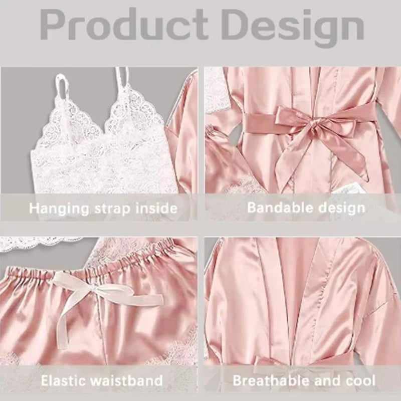 Conjunto de pantalones de pijama sexys de verano para mujer, 4 piezas de satén de encaje con bata de dormir de seda, ropa de dormir cómoda y a la moda