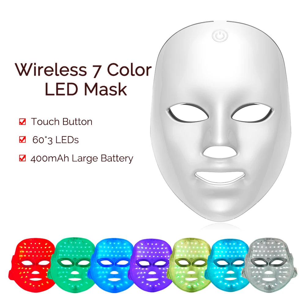 Máscara LED inalámbrica, máscara facial LED de 7 colores, máquina de máscara de belleza para rejuvenecimiento antienvejecimiento reafirmante de la piel con fotones