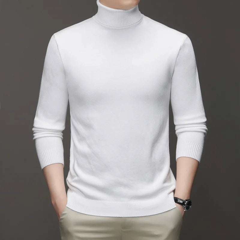 2025 nuevos suéteres de punto para hombre, jerseys transpirables de cuello alto de Color sólido, ropa de calle básica cálida para exteriores, Tops de negocios de otoño