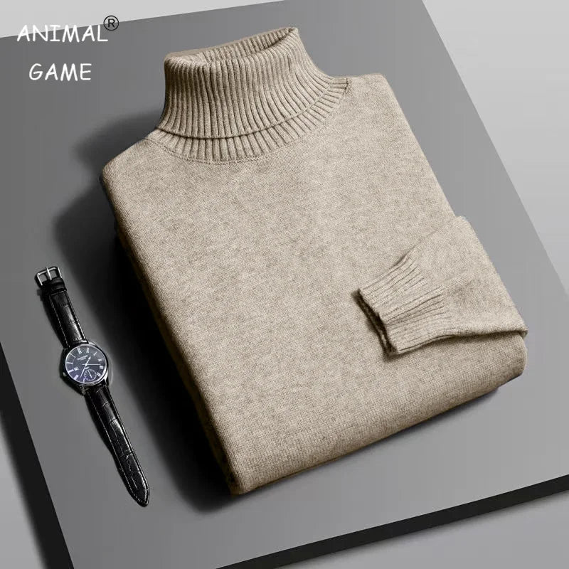 Otoño para hombre de alta calidad de punto suéter de cuello alto ajustado de manga larga anti-pilling jersey Color sólido tendencia hombres Streetwea