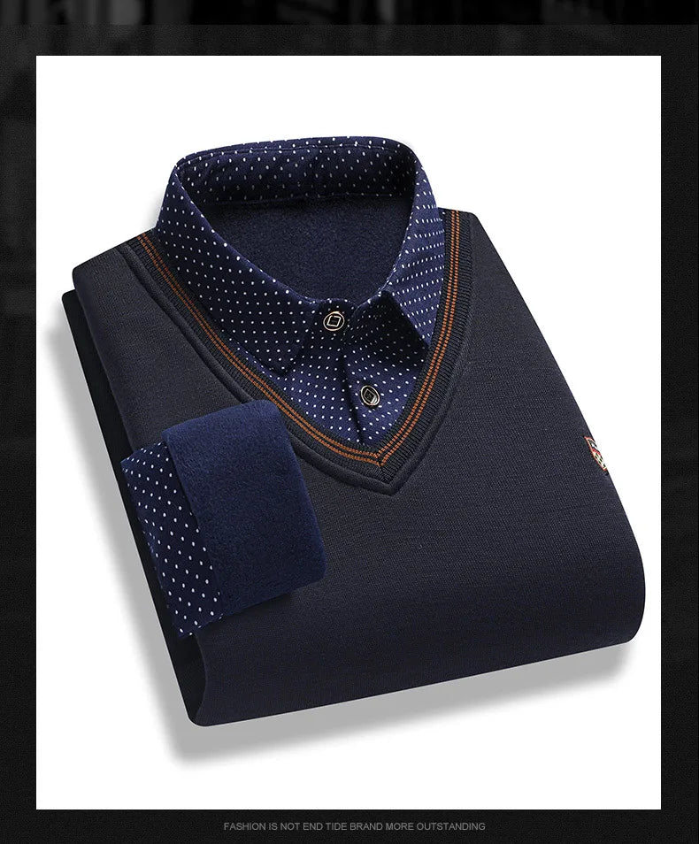 Suéter de felpa para hombre, jersey falso de dos piezas para otoño e invierno, Polo con cuello de lana, Top grueso y cálido, jerséis informales