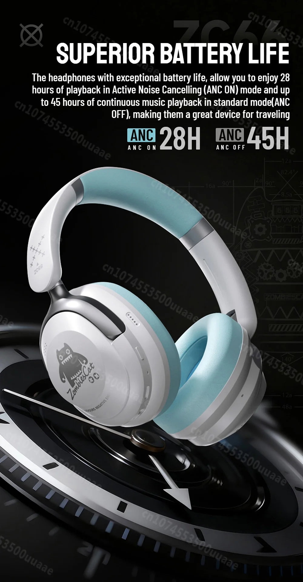 Zombies Cat S10 ANC auriculares Bluetooth 6,0-auriculares con cancelación activa de ruido de 45dB estéreo HiFi cable supraaural/auriculares inalámbricos