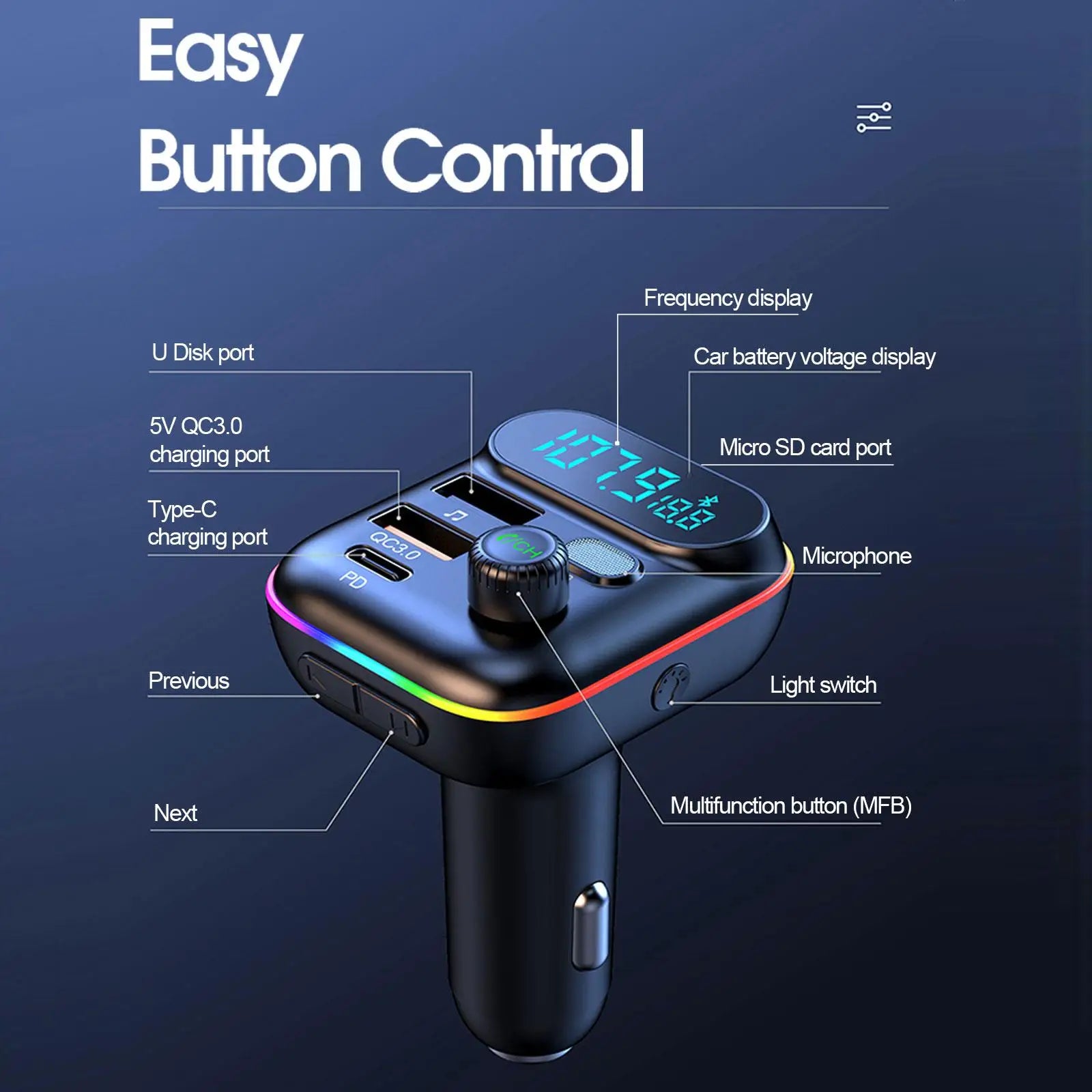 Transmisor FM Bluetooth para coche, transmisor FM Bluetooth 5,0, USB PD, cargador rápido para coche, accesorios electrónicos