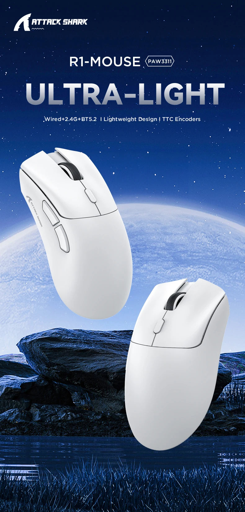 Ratón inalámbrico para juegos Attack Shark R1/X11, 18K DPI PAW3311, ergonómico, ligero, triodo Bluetooth 2,4 GHz USB, para PC/portátil