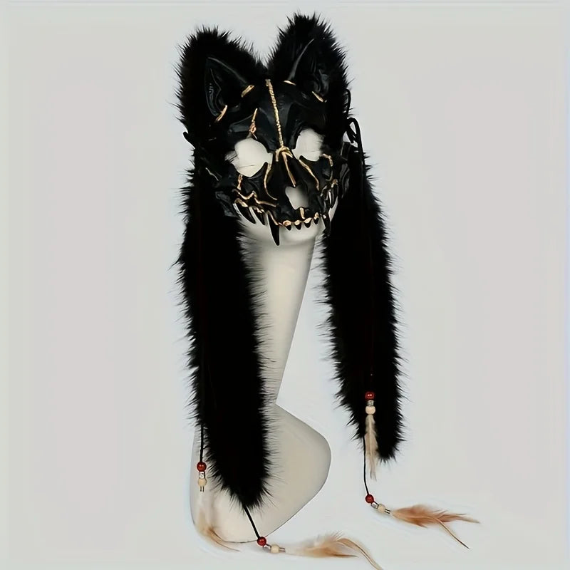 Máscara de lobo peludo, máscara de zorro de piel vikinga, tocado de Wendigo, disfraz de hombre lobo de Halloween, Cosplay Medieval bárbaro, Guerrero renacentista