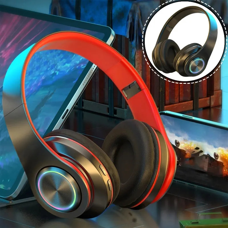 Auriculares inalámbricos sobre la oreja: cancelación activa de ruido, graves profundos, luz LED, diseño plegable portátil para música, deportes y juegos