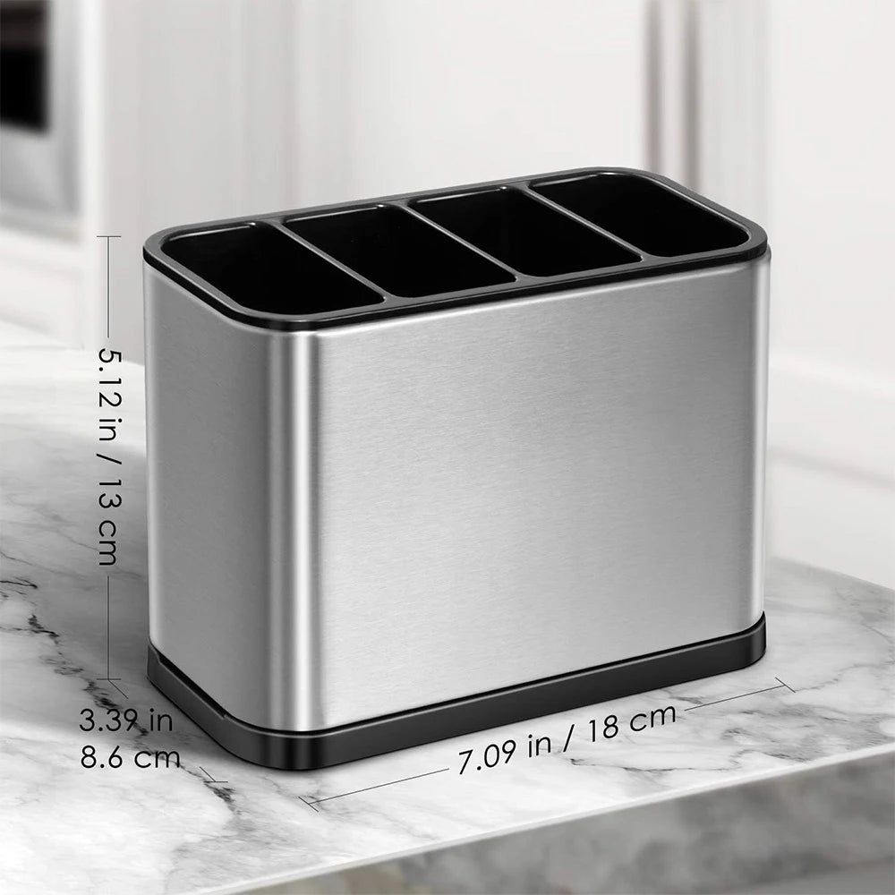 LMETJMA Organizador de cubiertos Caddy para cubiertos, estante de secado de utensilios de acero inoxidable, soporte para cubiertos con 4 compartimentos divididos