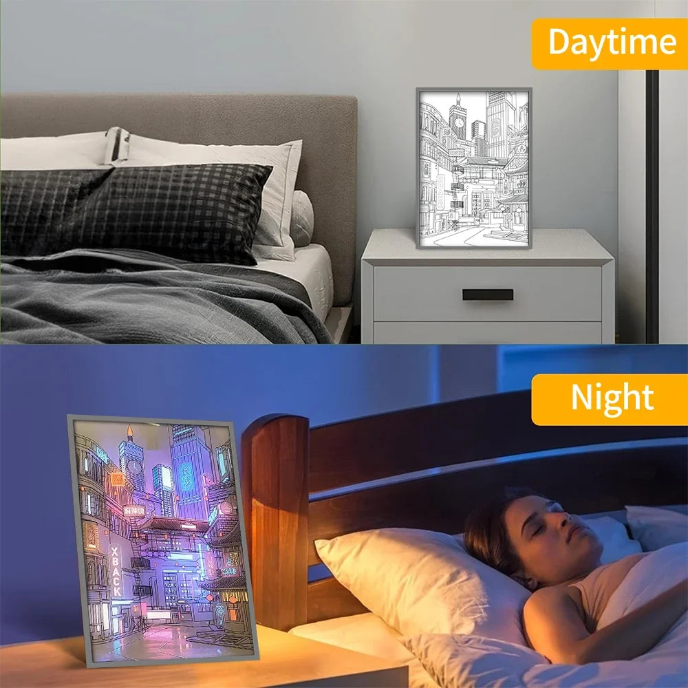 Pintura de luz LED con vista nocturna de ciudad hermosa, imagen HD, bisel estrecho, enchufe USB, atenuación, decoraciones románticas para el hogar, lámpara de noche