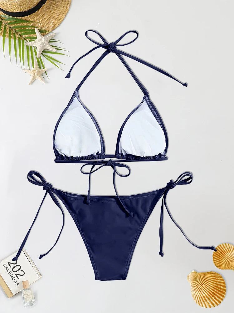 Conjunto de Bikini con Tanga para mujer, traje de baño Sexy de color azul marino, trajes de baño sexys, Bikinis con vendaje triangular, ropa de playa femenina 2 uds.