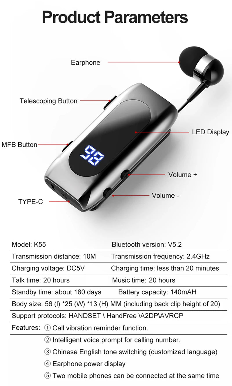 K55 Auriculares Bluetooth con Pantalla LED Digital