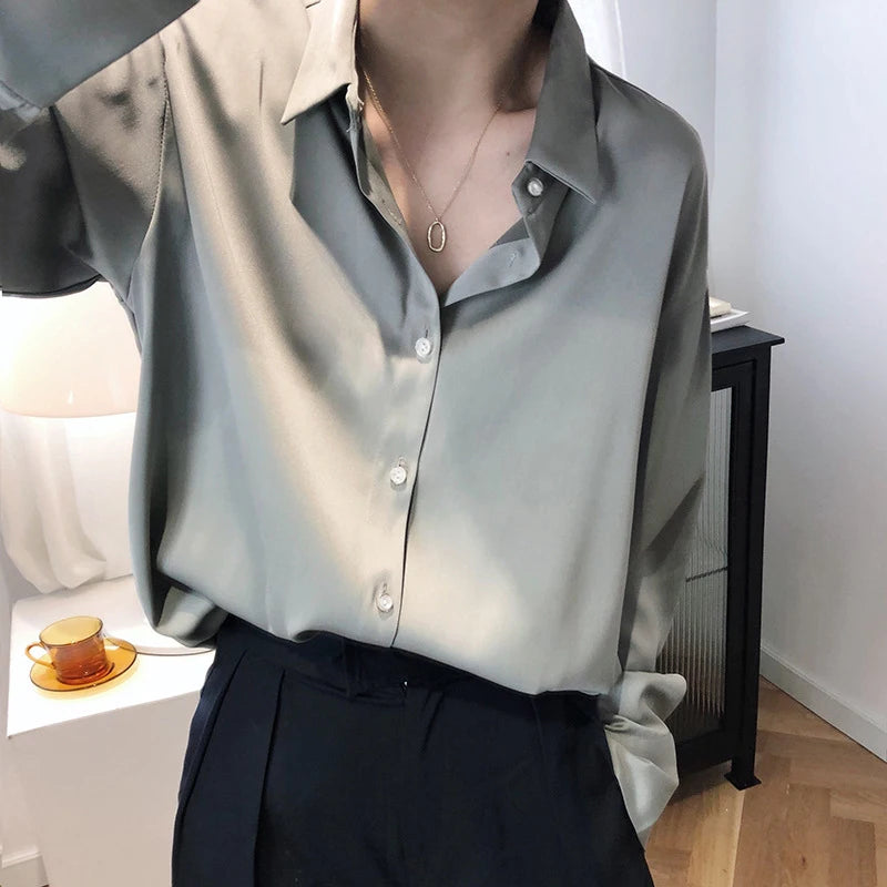 Camisa Satinada de Manga Larga para Mujer, Estilo Elegante