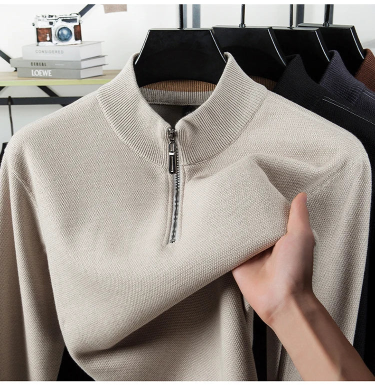 Suéter grueso de terciopelo de alta calidad, jersey con media cremallera para hombre, nueva camiseta cálida holgada informal, prendas de punto