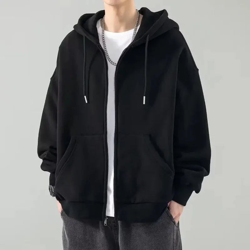 Ropa masculina Sudadera sólida negra para hombres Sudaderas con capucha con cremallera completa Invierno Jóvenes En oferta Ofertas Estilo coreano de alta calidad S