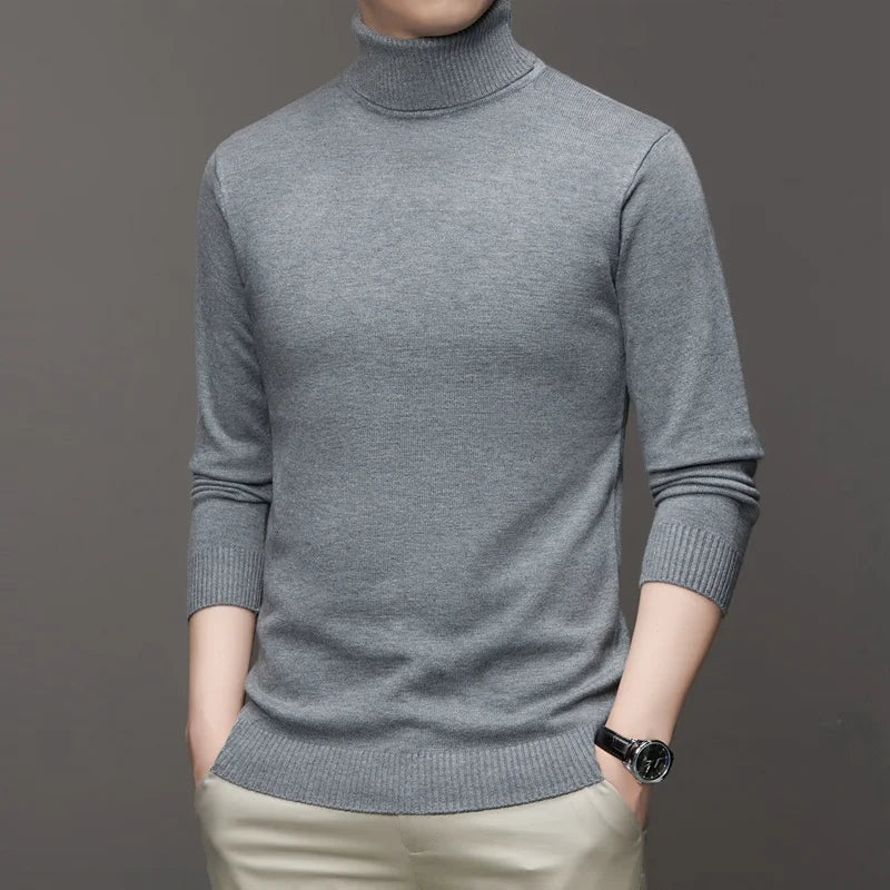2025 nuevos suéteres de punto para hombre, jerseys transpirables de cuello alto de Color sólido, ropa de calle básica cálida para exteriores, Tops de negocios de otoño