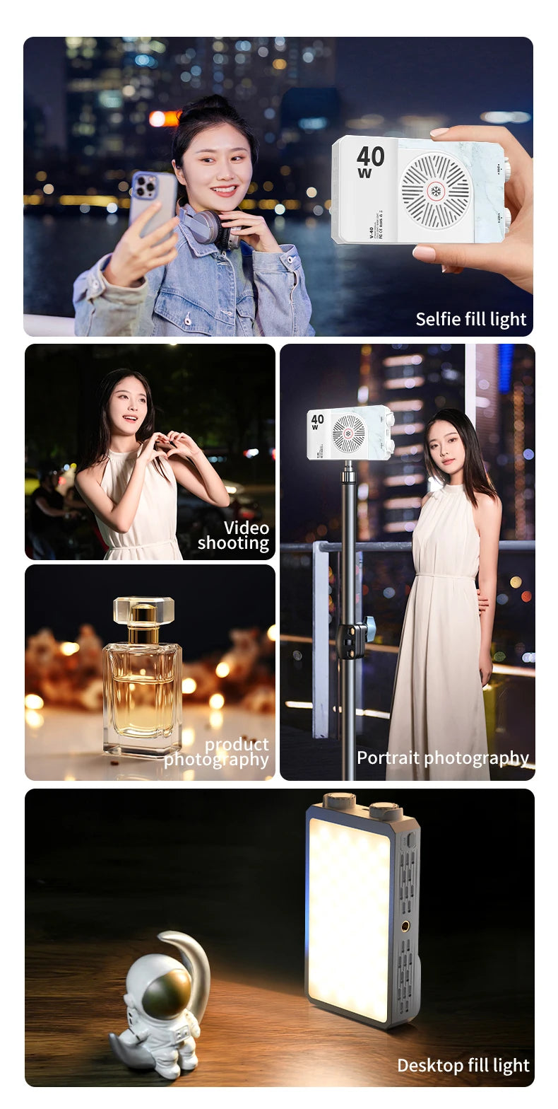 Luz de relleno de mano de 40W, luz portátil de bolsillo para Selfie, fotografía al aire libre, luz LED suave, luz de belleza con ventilador, luz superior para cámara