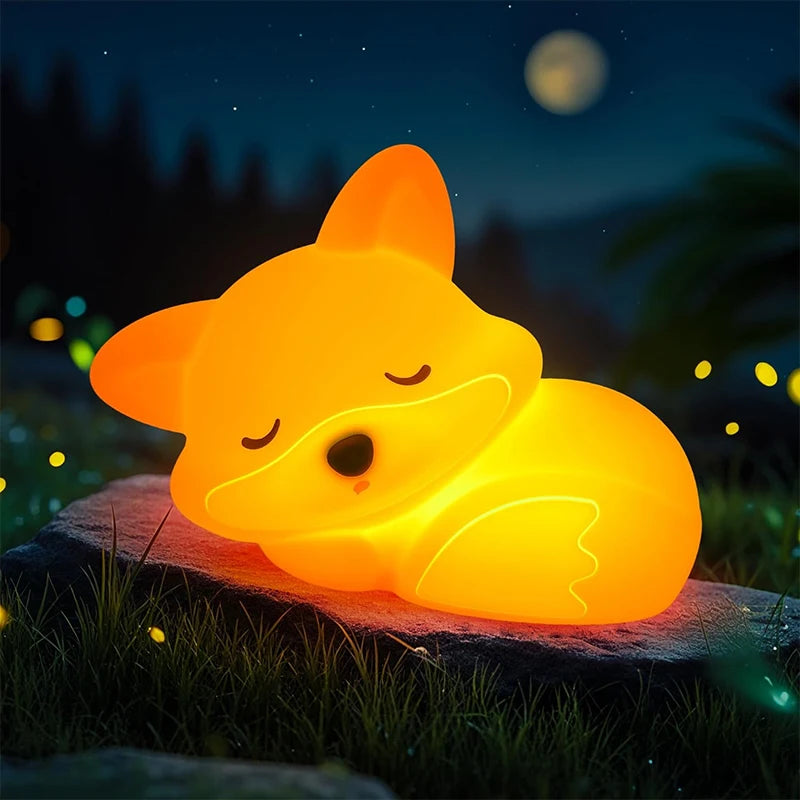 Luz nocturna de zorro, lindos regalos de luz nocturna de silicona para niños, luces de animales con control táctil, temporizador y recargable por USB