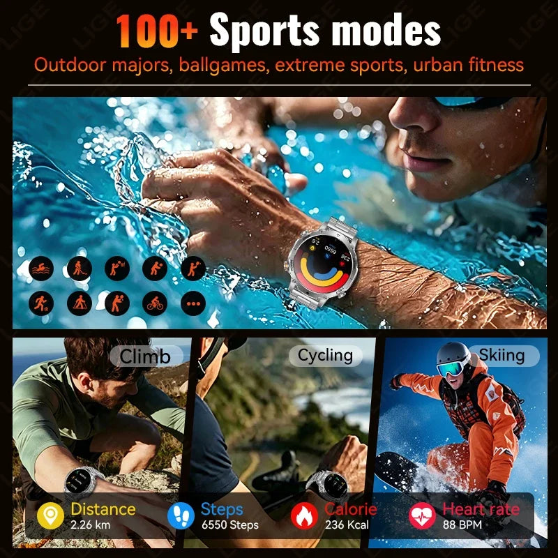 Reloj Inteligente Militar con Linterna Bluetooth 2026