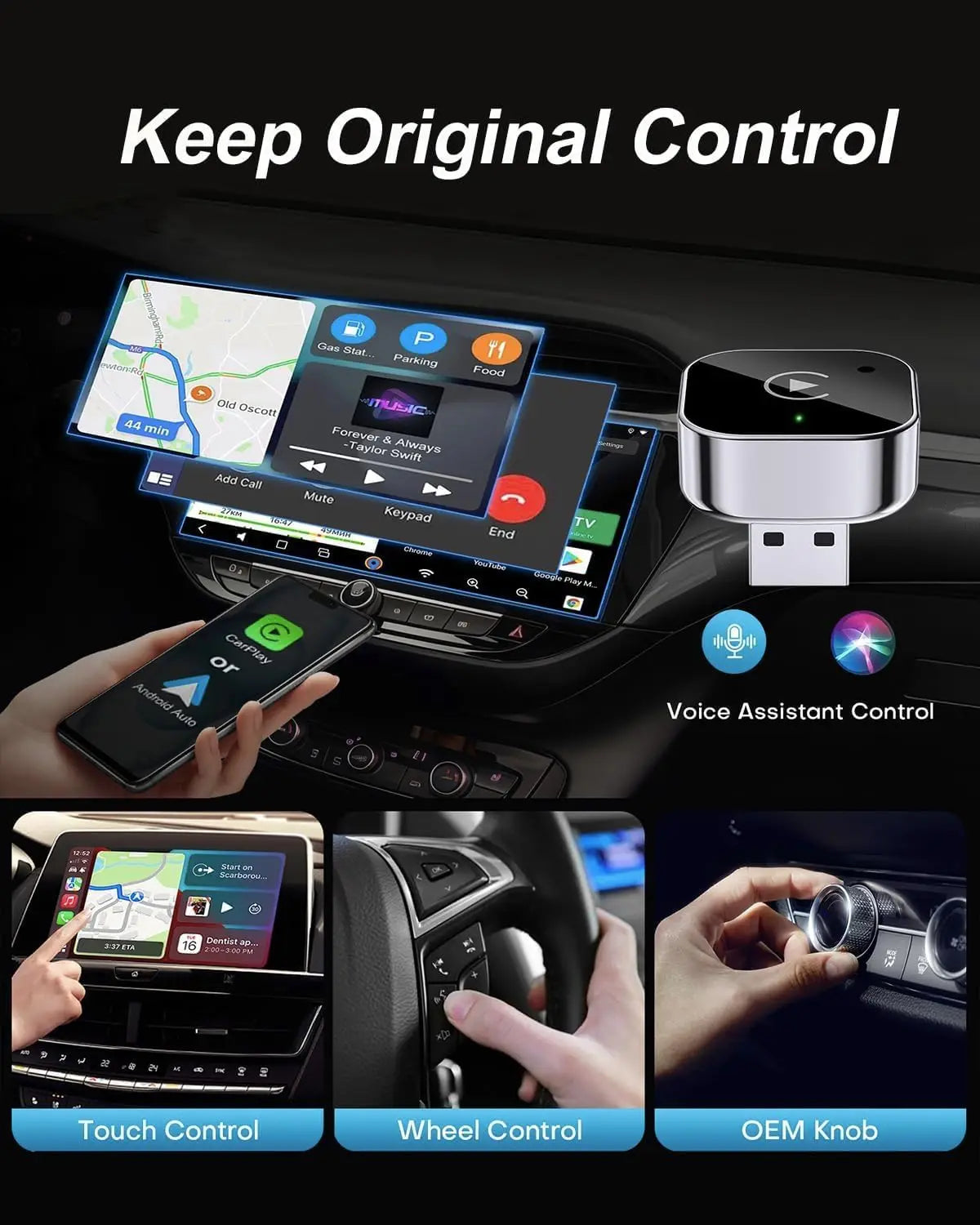 Dongle inalámbrico CarPlay y Android Auto, conexión automática rápida, Plug & Play compacto para iPhone/Android, USB/USB-C, sin retardo, negro (1