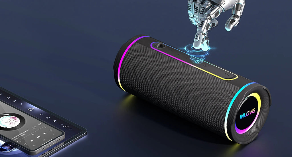 Altavoz Bluetooth portátil MLOVE: potente sonido dual, iluminación RGB colorida, totalmente impermeable (IPX7), compatible con TWS