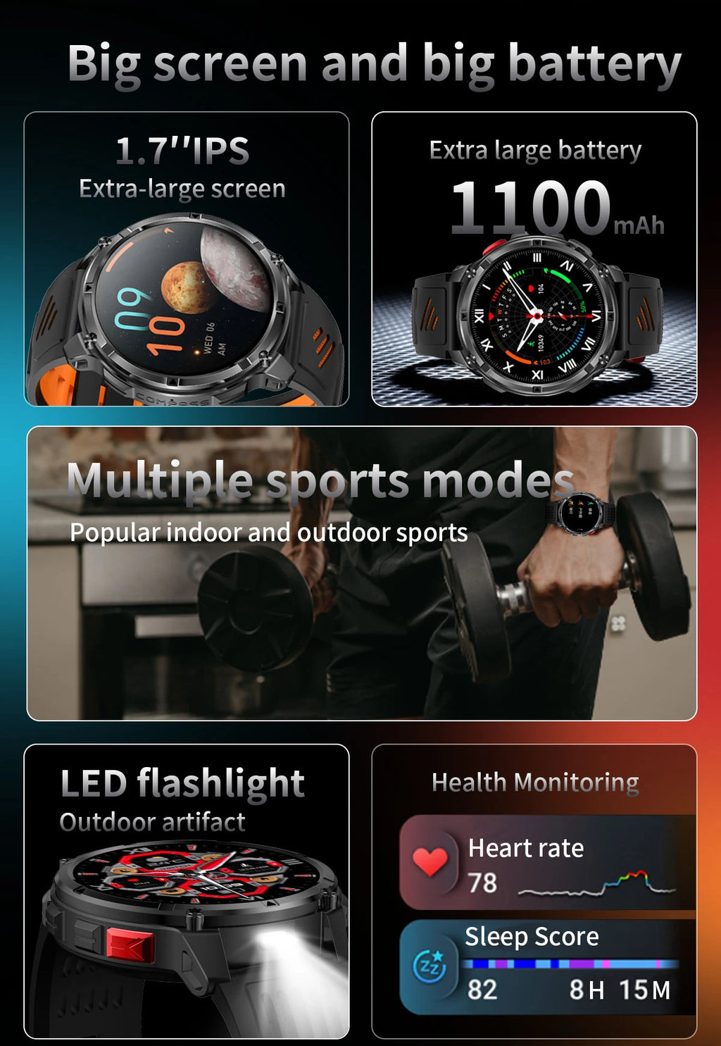 Reloj Inteligente AMOLED 1100mAh con Linterna LED, IP69 y Llamadas Bluetooth