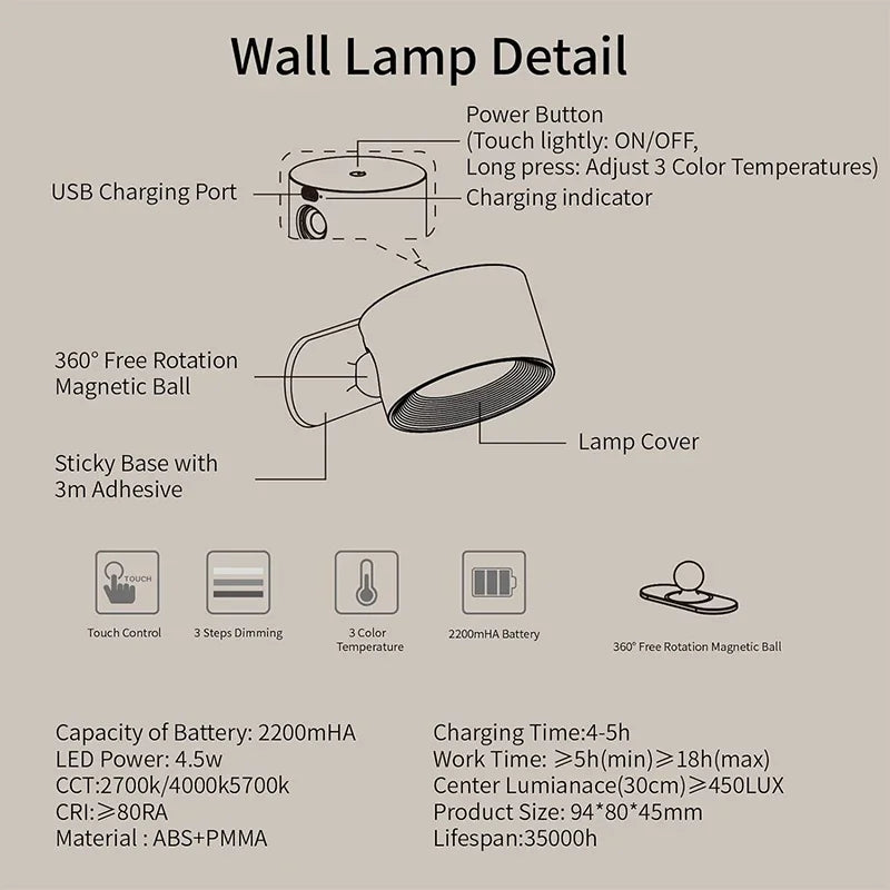 Apliques de Pared LED, Lámparas Montadas con Batería Recargable Dim 3 Brillo Carga Removible 360 ° Gire la bola magnética