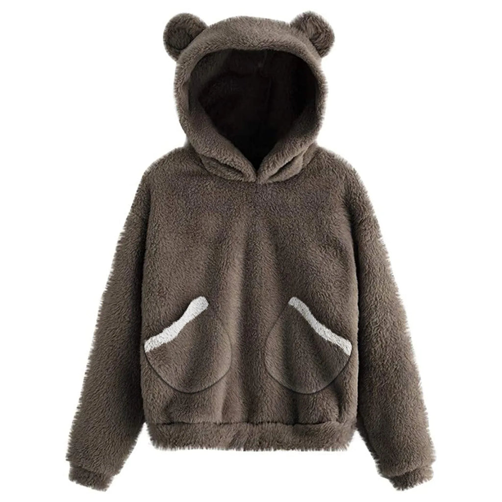 Otoño Invierno mujer manga larga suéter sudaderas con capucha Casual cómodo Color sólido pequeño oso sombrero abrigo prendas de vestir femeninas sueltas