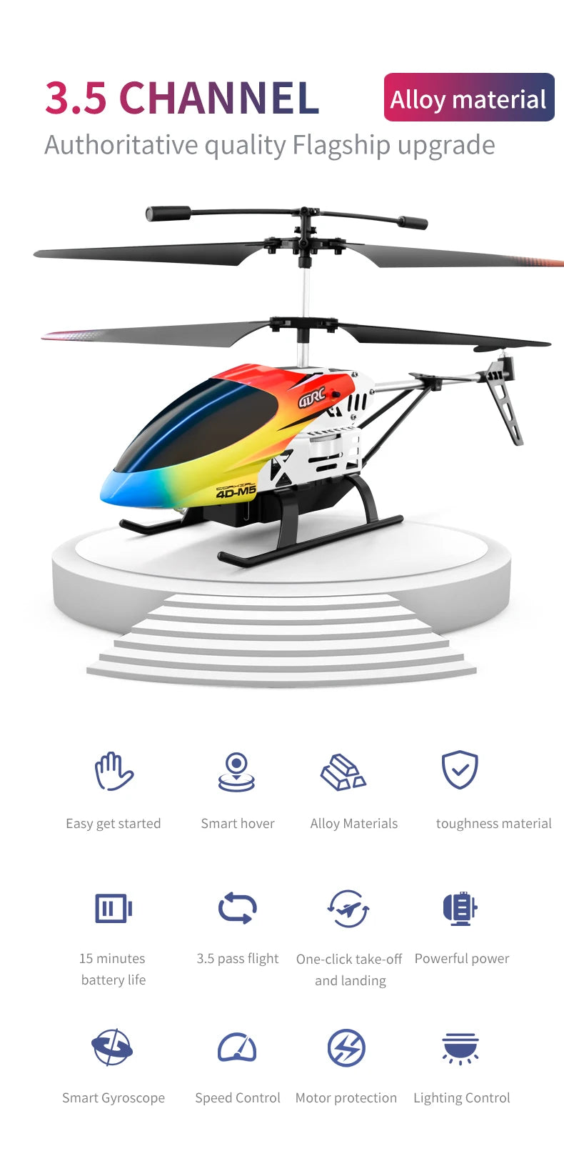 Helicóptero RC con Giroscopio y Luces LED, 3.5 Canales, Mantenimiento de Altitud