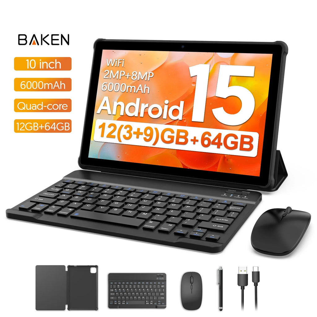 Tablet BAKEN Android 15, 10 Pulgadas, 12 (3+9) GB de RAM + 64 GB de ROM, Cuatro Núcleos, Batería de 6000 mAh, Incluye Funda Protectora Gratuita