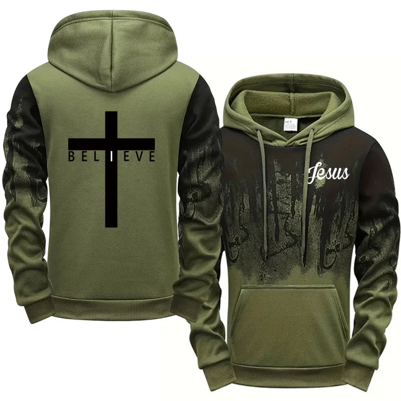 Hoodie con Estampado Cruz para Hombre — Buzo con Capucha Estilo Urbano