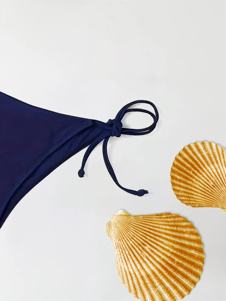 Conjunto de Bikini con Tanga para mujer, traje de baño Sexy de color azul marino, trajes de baño sexys, Bikinis con vendaje triangular, ropa de playa femenina 2 uds.
