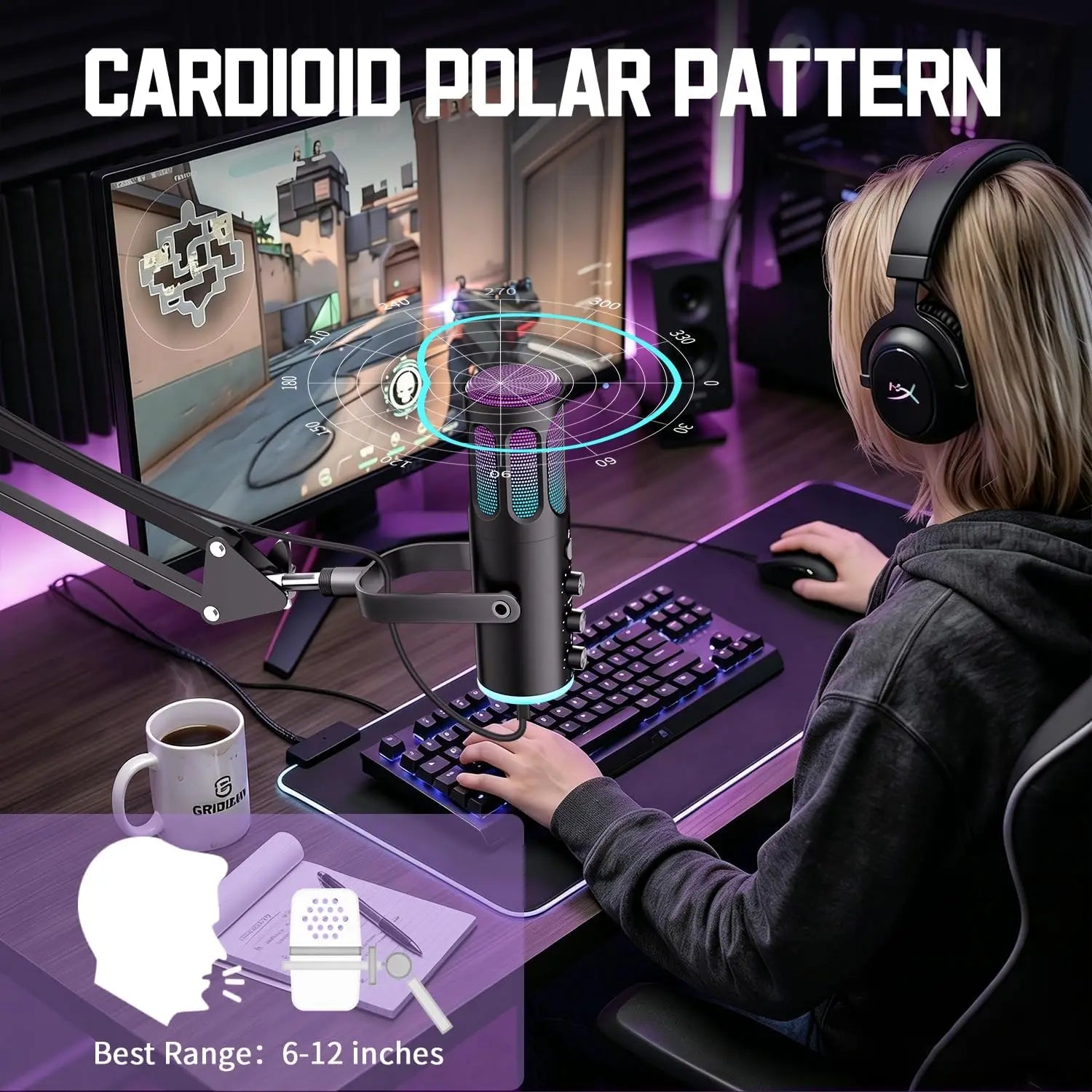 Micrófono USB para Juegos PUPGSIS, Micrófono de Condensador con Cancelación de Ruido, Silenciador, Ganancia, Luces RGB, Soporte de Brazo para Streaming, PC