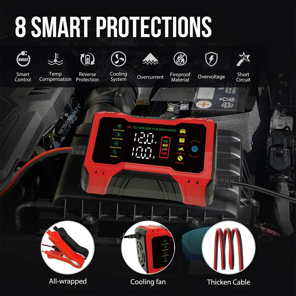 Cargador de batería inteligente para auto 12V 10A con reparación por pulsos