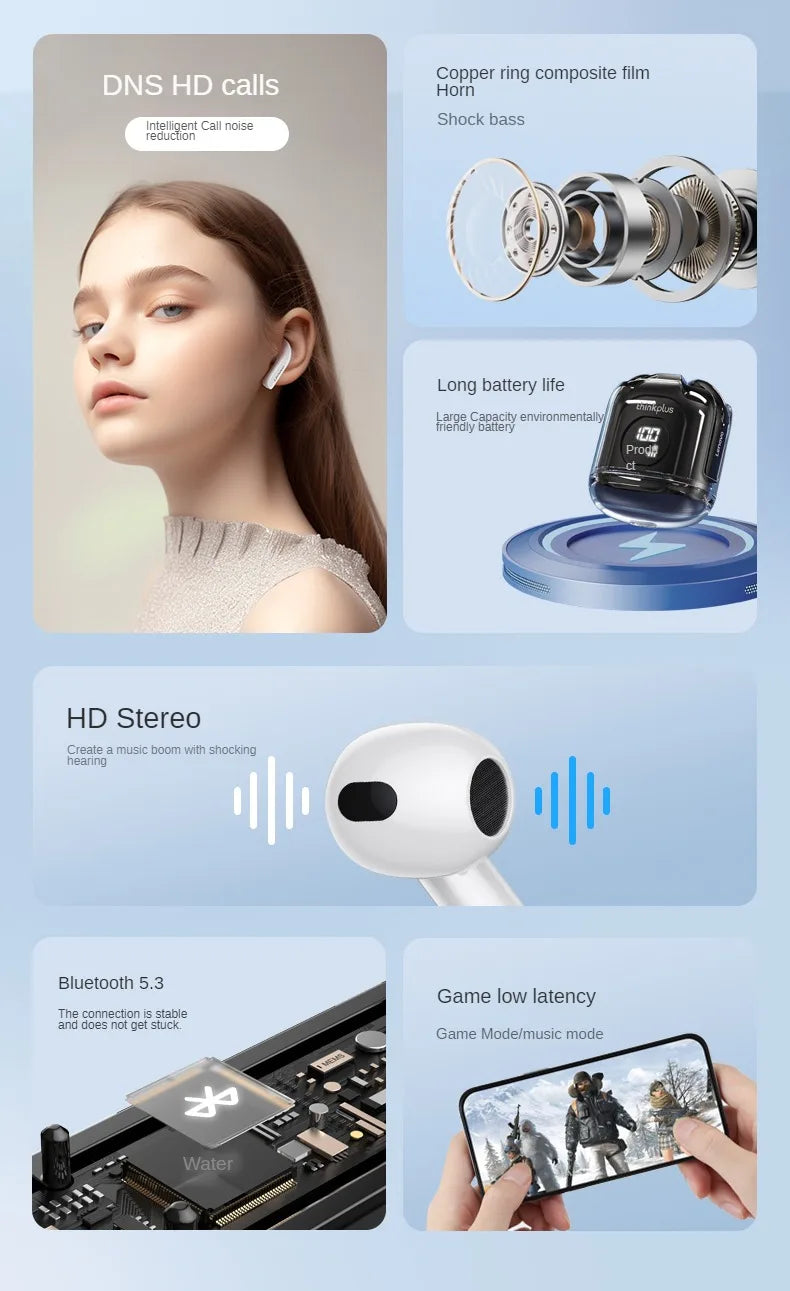 NUEVOS Auriculares Inalámbricos Originales Lenovo XT65 TWS Bluetooth 5.3 con Reducción de Ruido Estéreo Dual, Control Táctil y Batería de Larga Duración