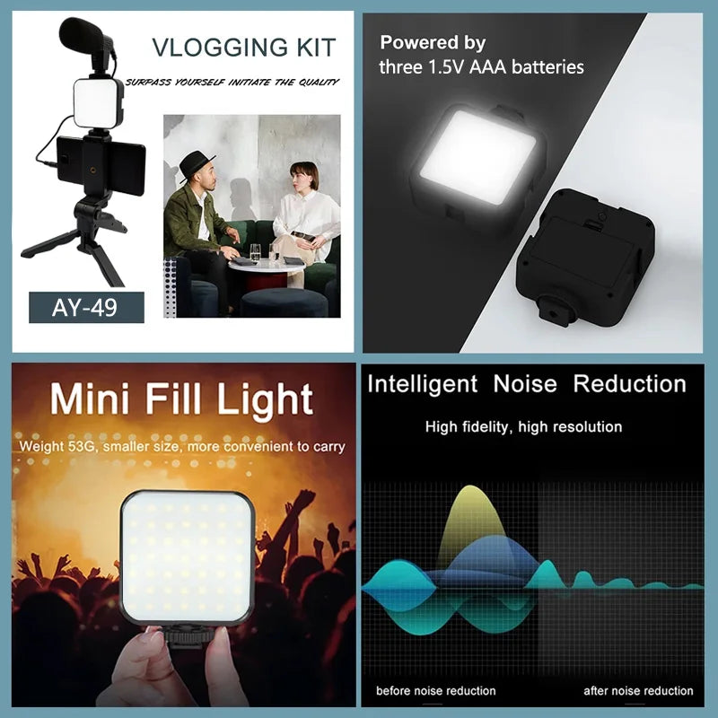 Soporte para teléfono móvil, iluminación de fotografía, Kit de vídeo para Smartphone, micrófono LED, trípode para Selfie, mango de grabación, soporte estabilizador portátil